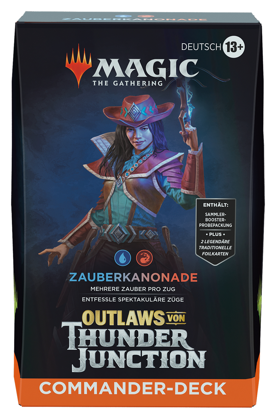 Eine Magic: The Gathering Kartenbox mit einer weiblichen Figur mit Cowboyhut. Text auf Deutsch.