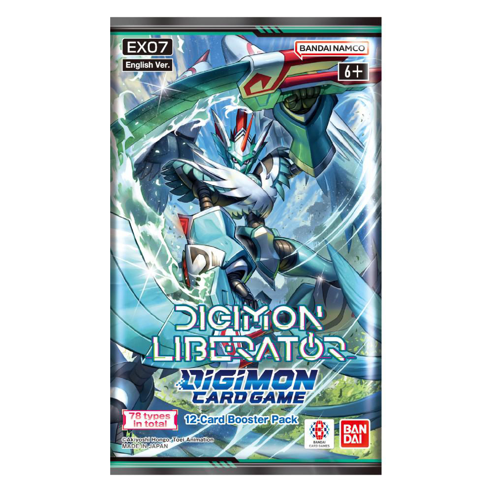 Ein Digimon Liberator Kartenpack zeigt einen Digimon und Text auf blauem und grünem Hintergrund.