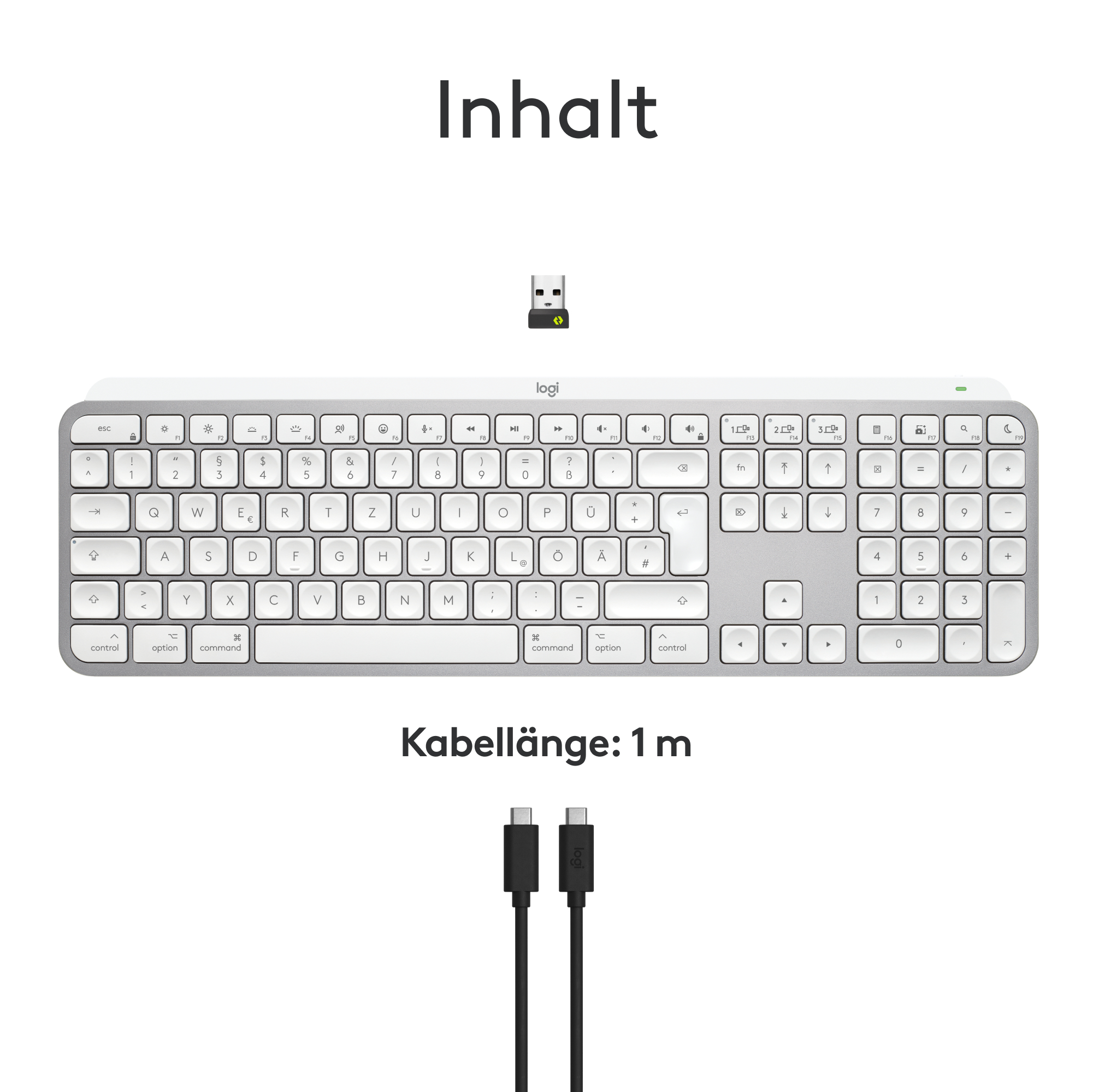 Weiße Tastatur, USB-Dongle und USB-C-Kabel. Text: Inhalt, Kabellänge: 1 m.