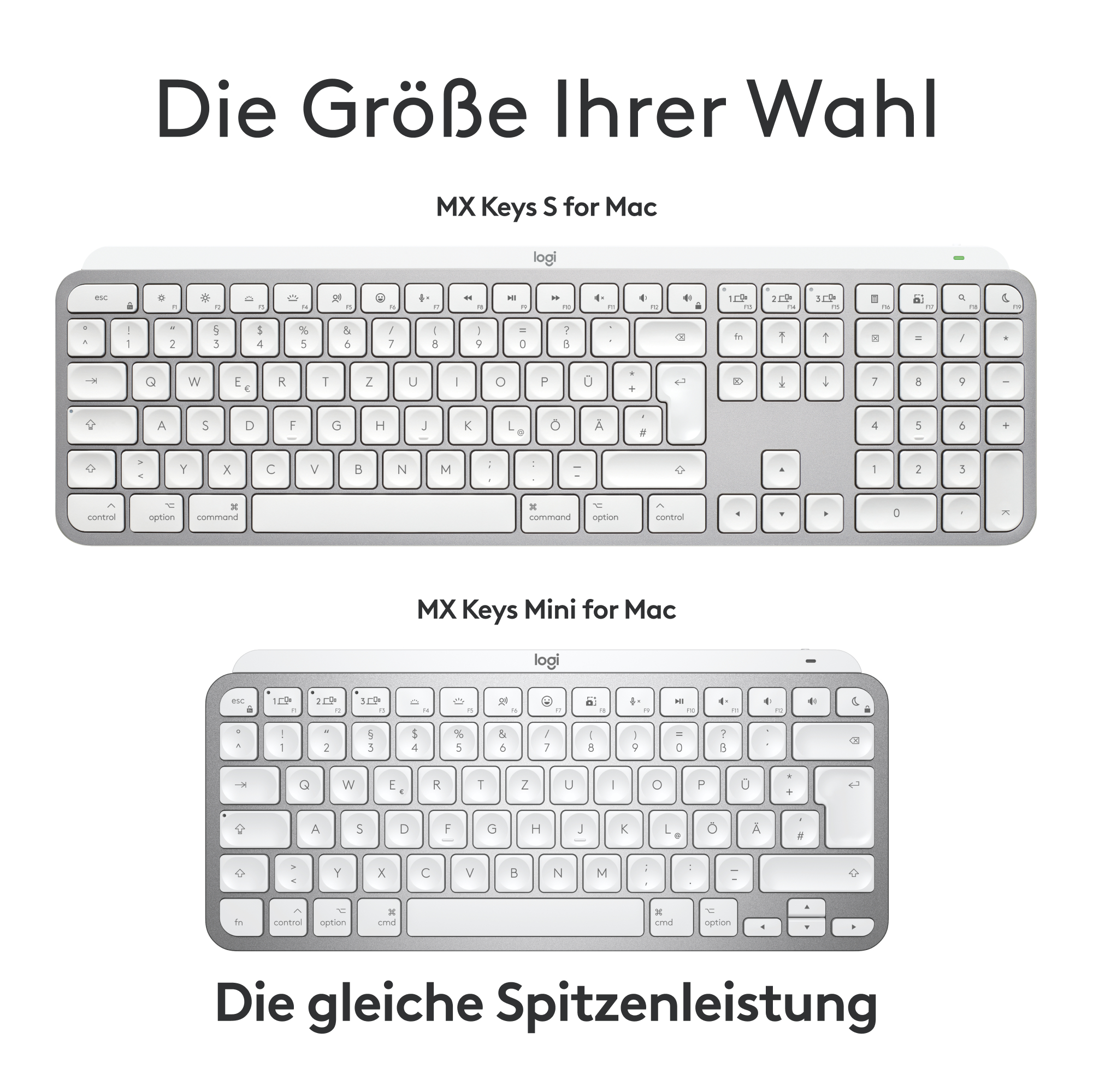 Zwei Tastaturen nebeneinander: eine in voller Größe und eine Mini-Größe, beide für Mac.