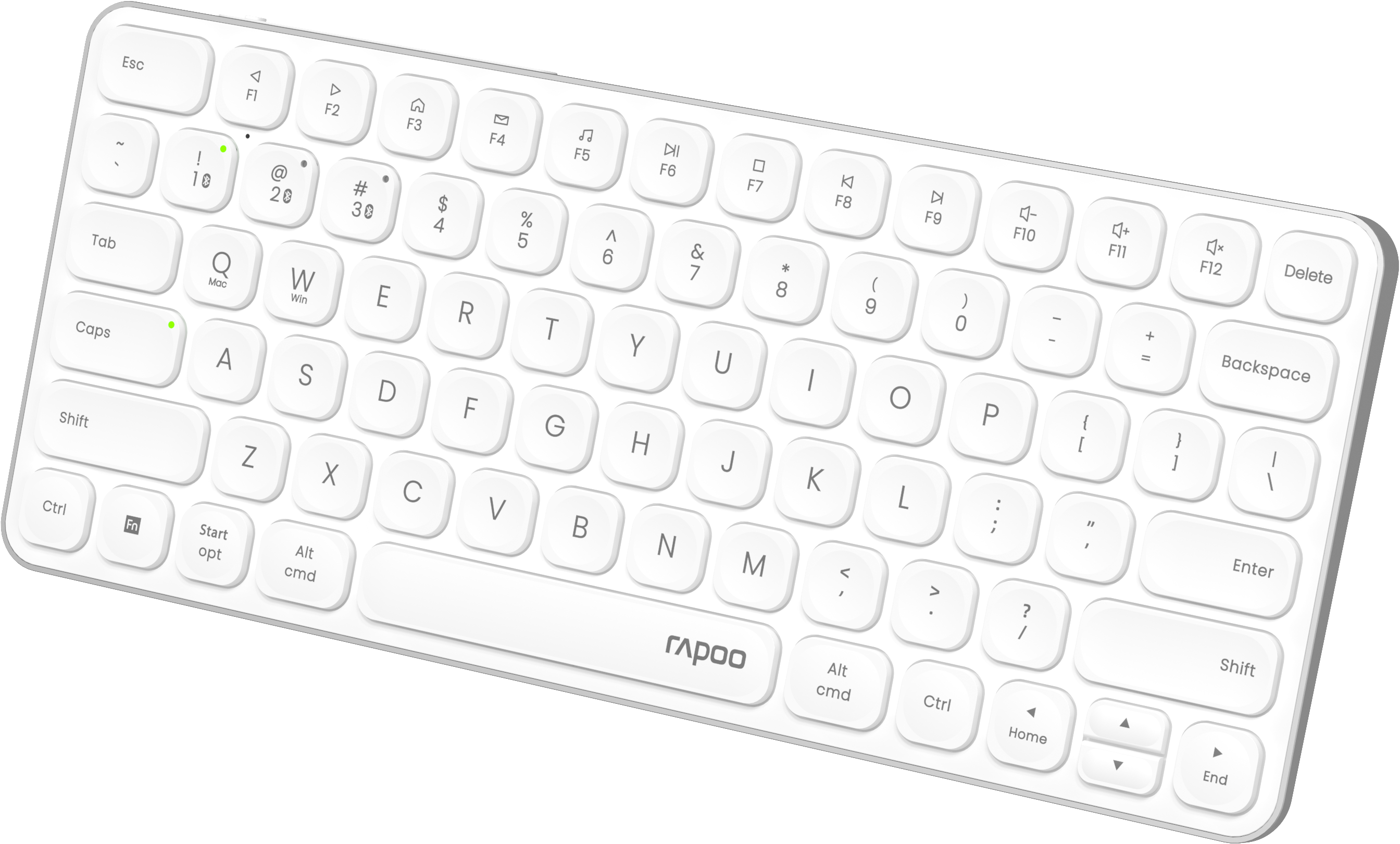 Una tastiera wireless bianca con tasti neri, con il marchio Rapoo.