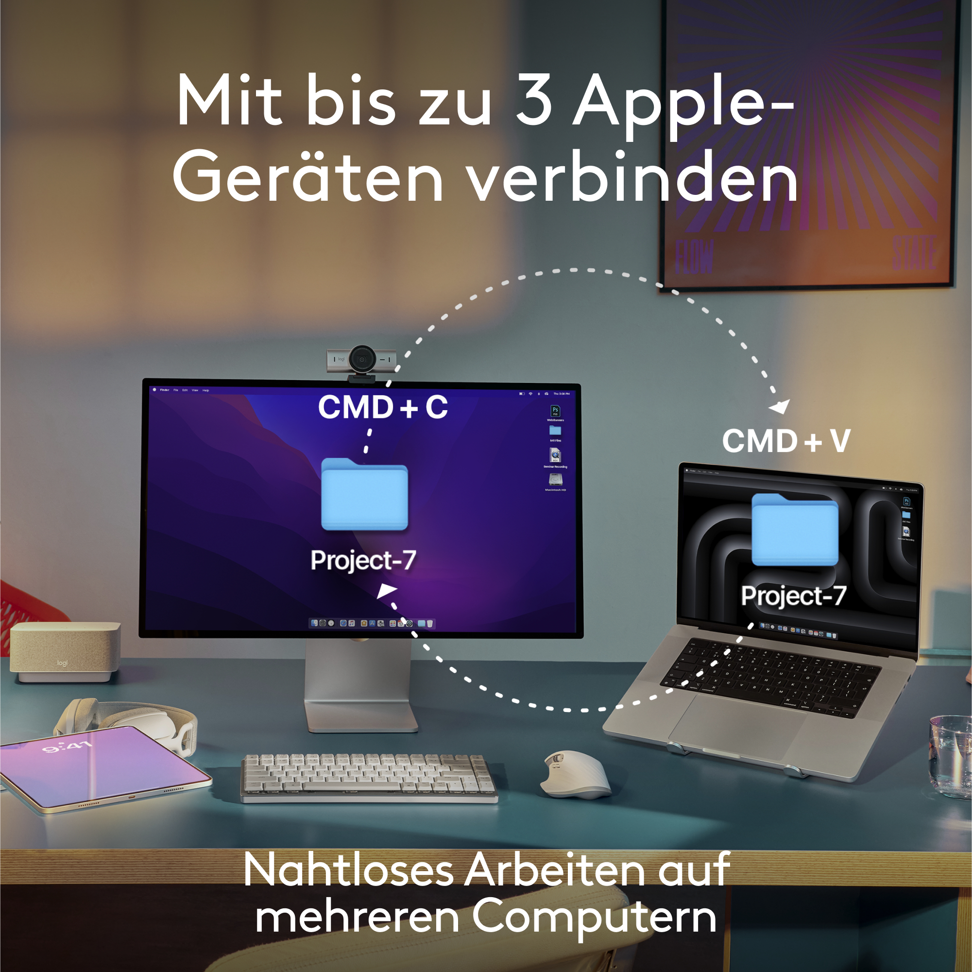 Mehrere Apple-Geräte auf einem Schreibtisch verbunden, mit Text.