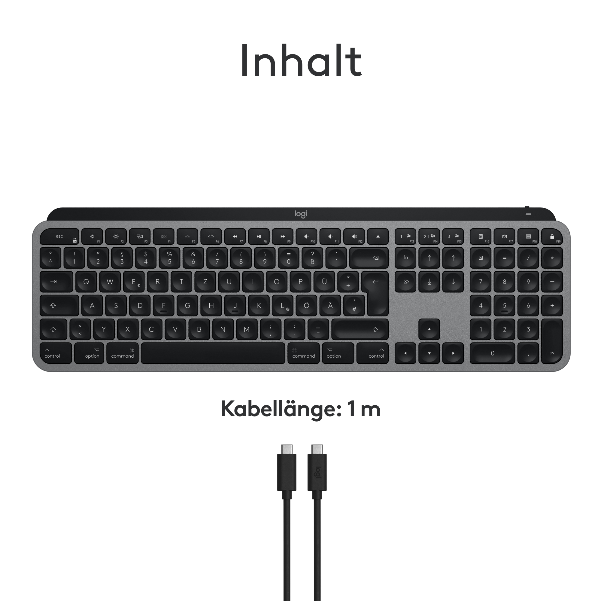 Eine graue Tastatur mit schwarzen Tasten, ein Kabel ist angeschlossen. Der Text oben ist 'Inhalt'.