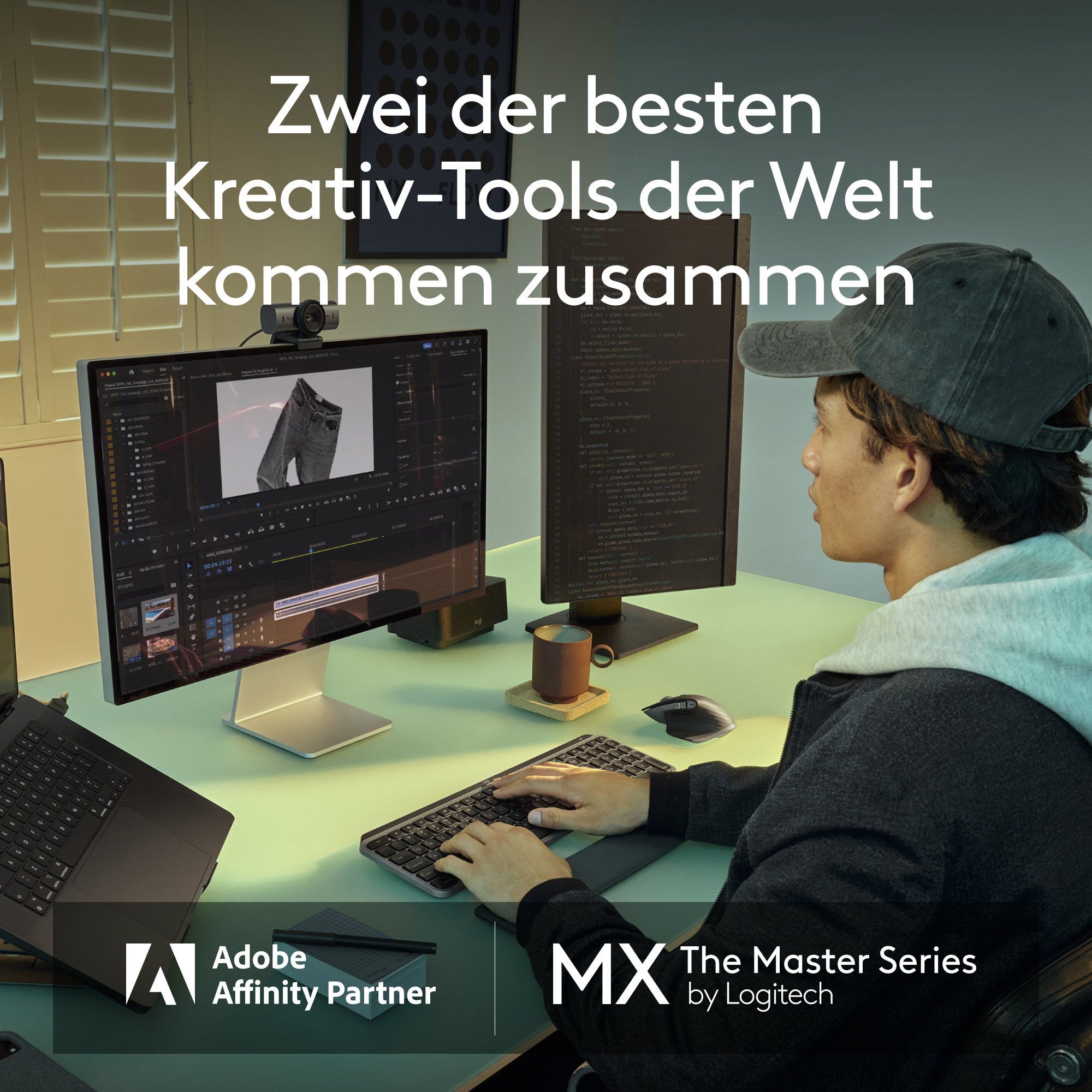 Eine Person arbeitet an einem Computer mit zwei Monitoren. Text auf Bildschirmen. Der Text oben lautet: Kreativ-Tools der Welt.