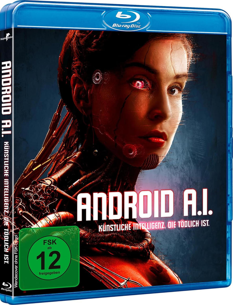 Blu-ray-Disc-Cover: Cyborg-Frau, rotes Auge, Drähte und Titel: Android A.I.