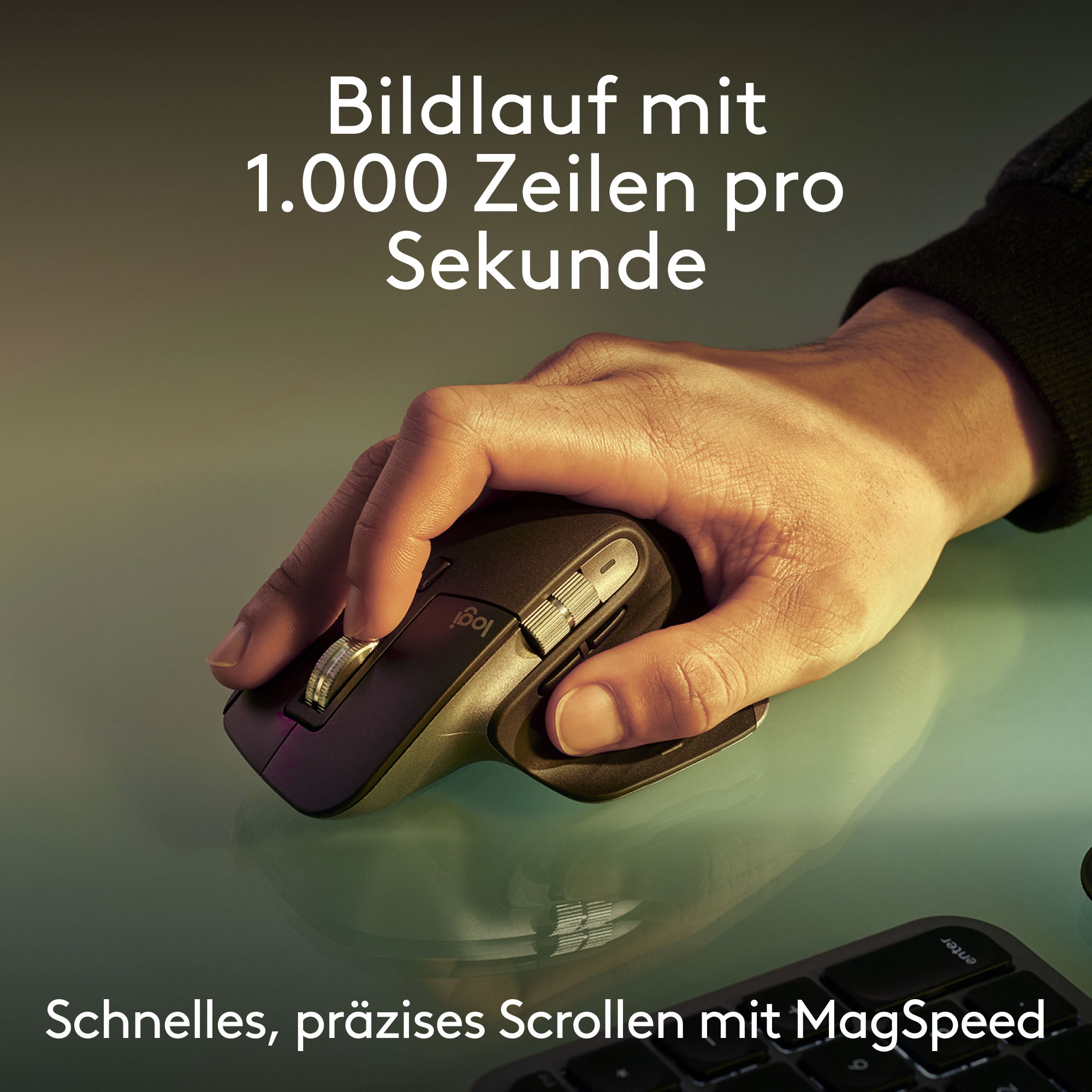 Eine Hand benutzt eine Maus. Der Text lautet: schnelles, präzises Scrollen mit MagSpeed.