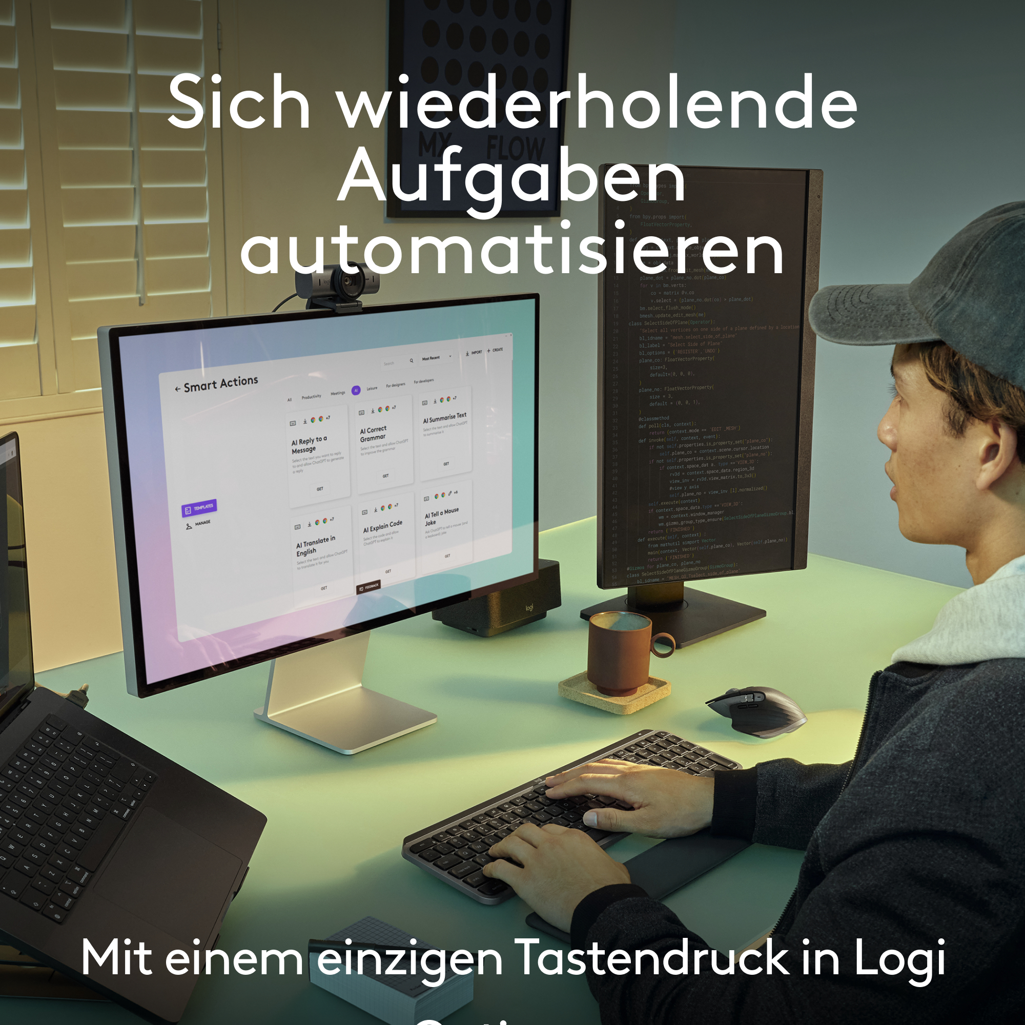 Mann arbeitet an einem Computer-Setup mit mehreren Monitoren. Text-Overlay.
