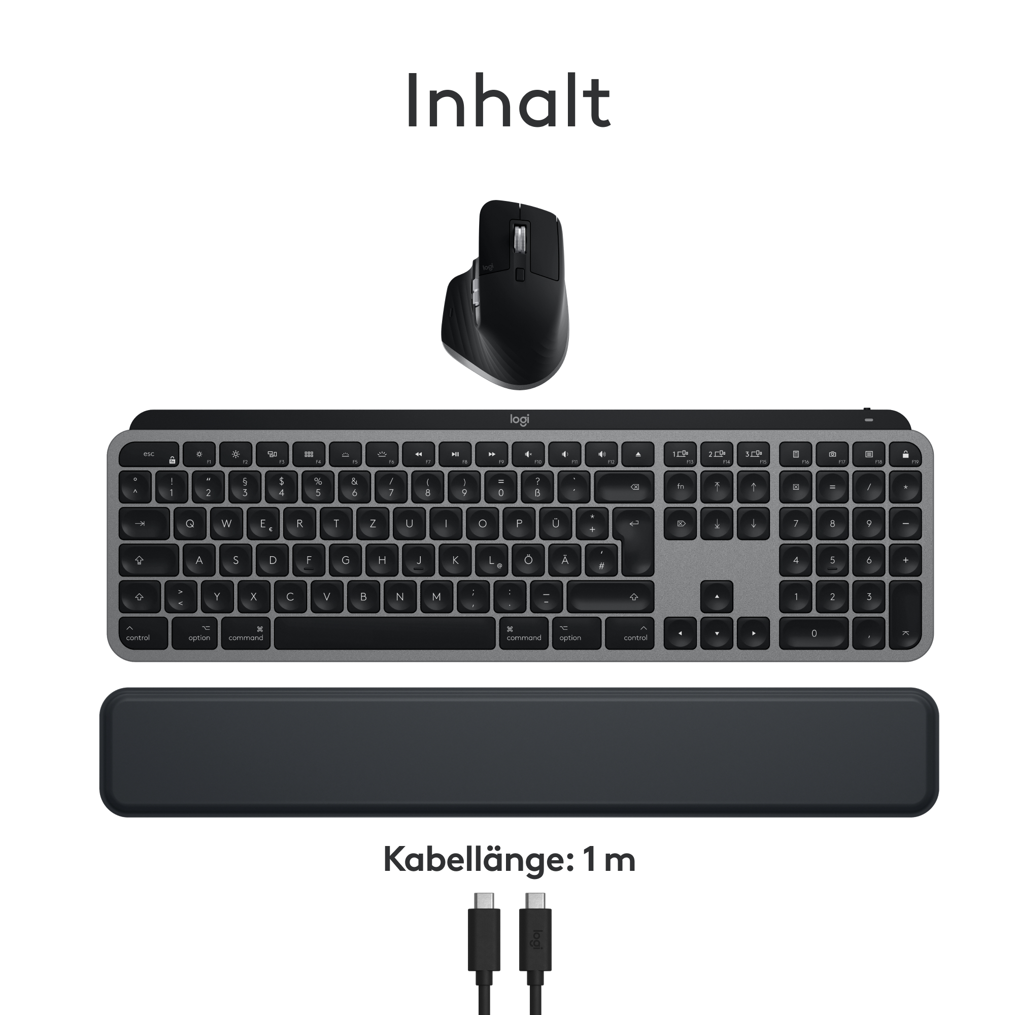 Eine Tastatur, Maus und Handgelenkauflage. Kabel für Maus und Tastatur sind angeschlossen.