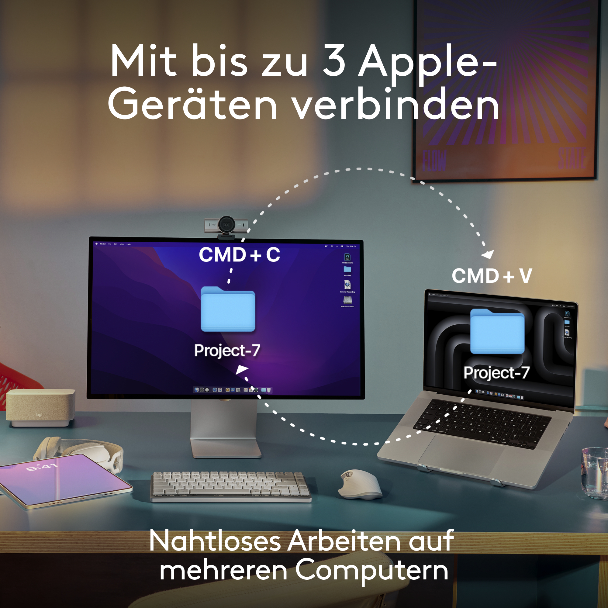 Szene mit Monitor, Laptop und Tablet. Text sagt: 'Verbinden Sie sich mit 3 Apple-Geräten'.