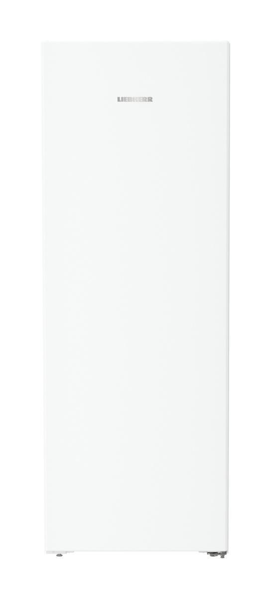 Weißer Kühlschrank mit dem Wort LIEBHERR oben. Saubere weiße Tür.