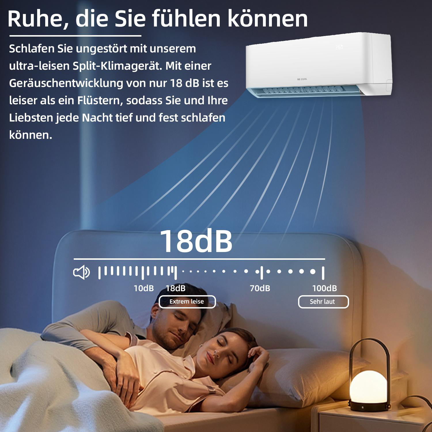 Bild eines schlafenden Paares unter einer Decke und ein Split-Klimagerät mit Text über Ruhe.