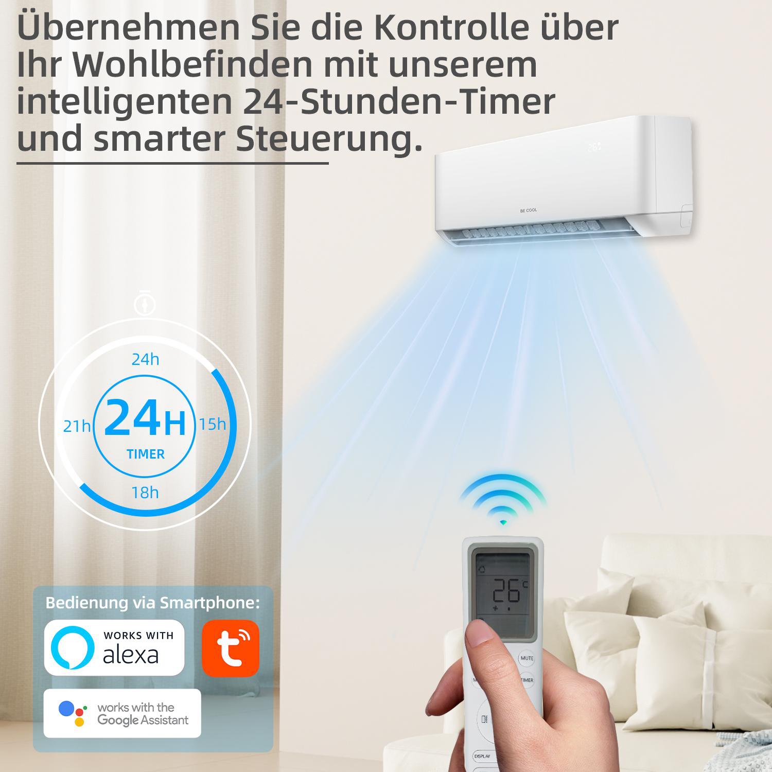 Ein Klimagerät mit Fernbedienung, eingestellt auf 26 Grad, und Smart-Home-Integration.