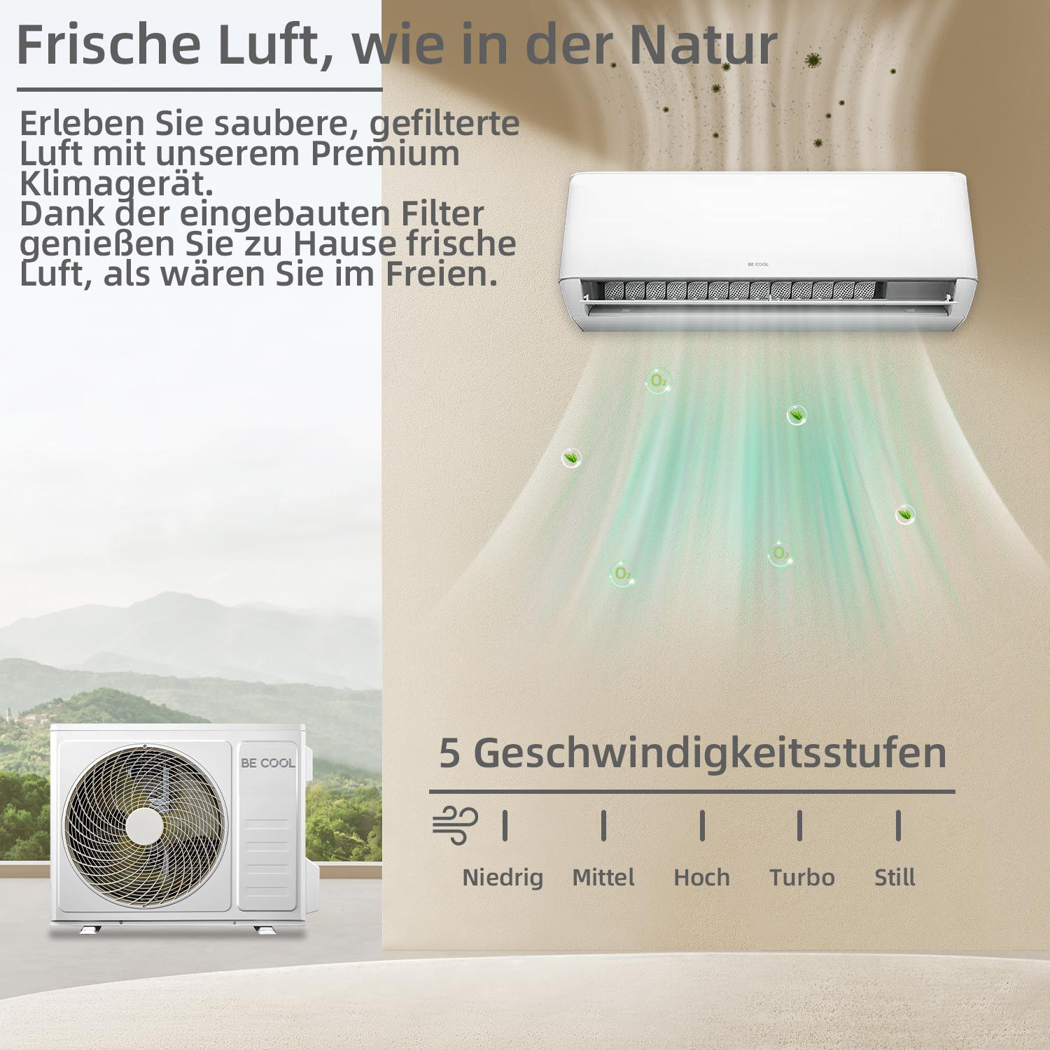 Klimaanlage, Text über frische Luft und Geschwindigkeitsstufen.