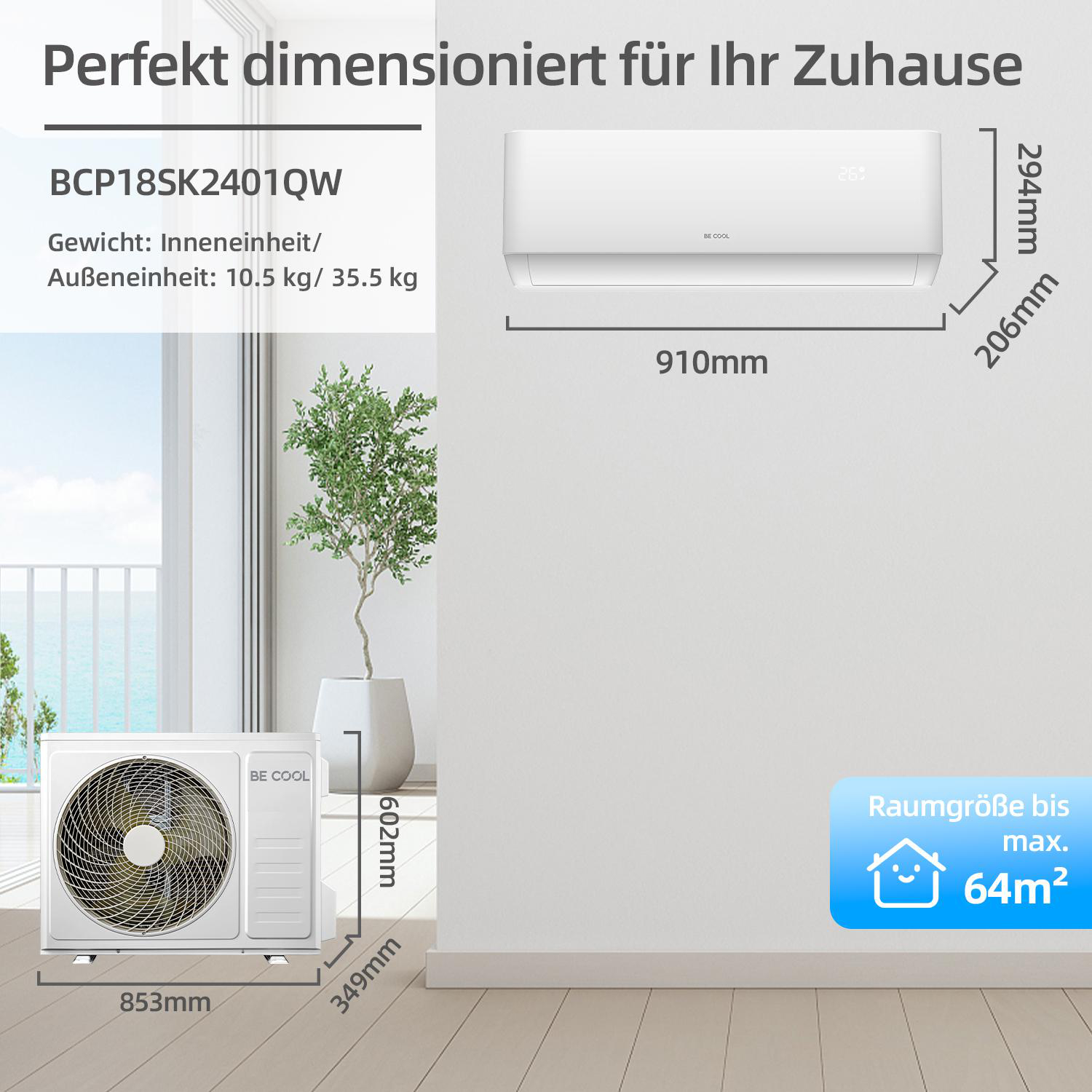 Klimaanlage, mit Abmessungen und Text: Perfekt für Ihr Zuhause und Raumgröße bis max. 64 m².