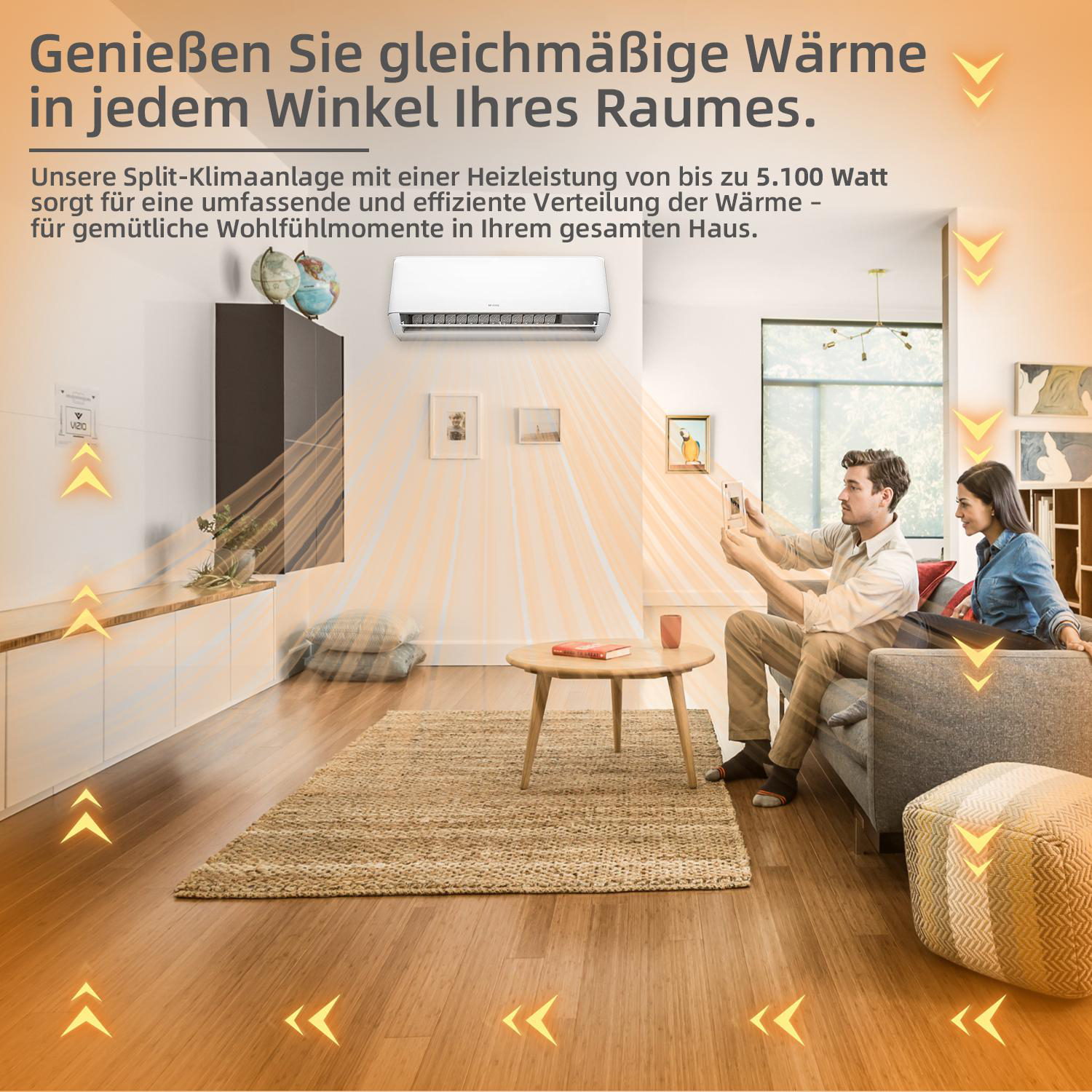 Ein Paar in einem Wohnzimmer mit Klimaanlage, Teppich und Tisch.