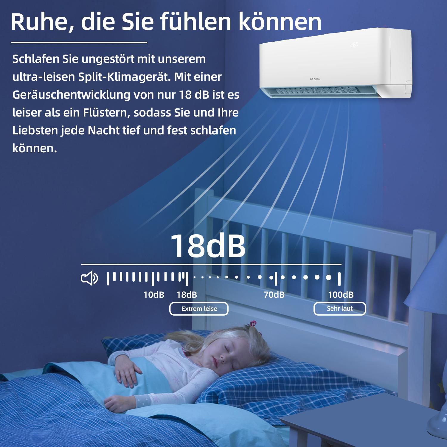 Ein Mädchen schläft im Bett mit einer leisen Klimaanlage. Es zeigt einen Geräuschpegel von 18dB, sehr leise.