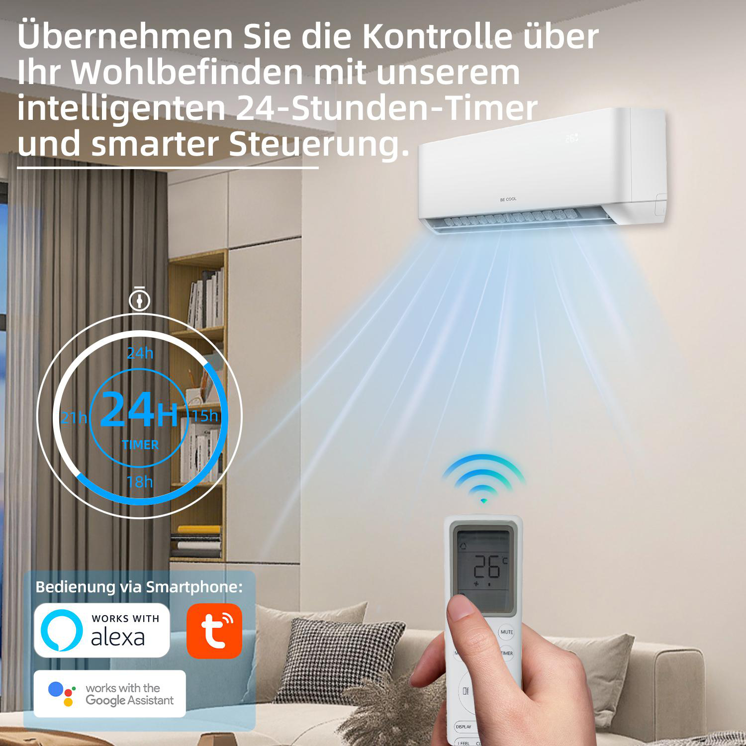 Klimaanlage mit Fernbedienung, zeigt Smart-Control-Funktionen.