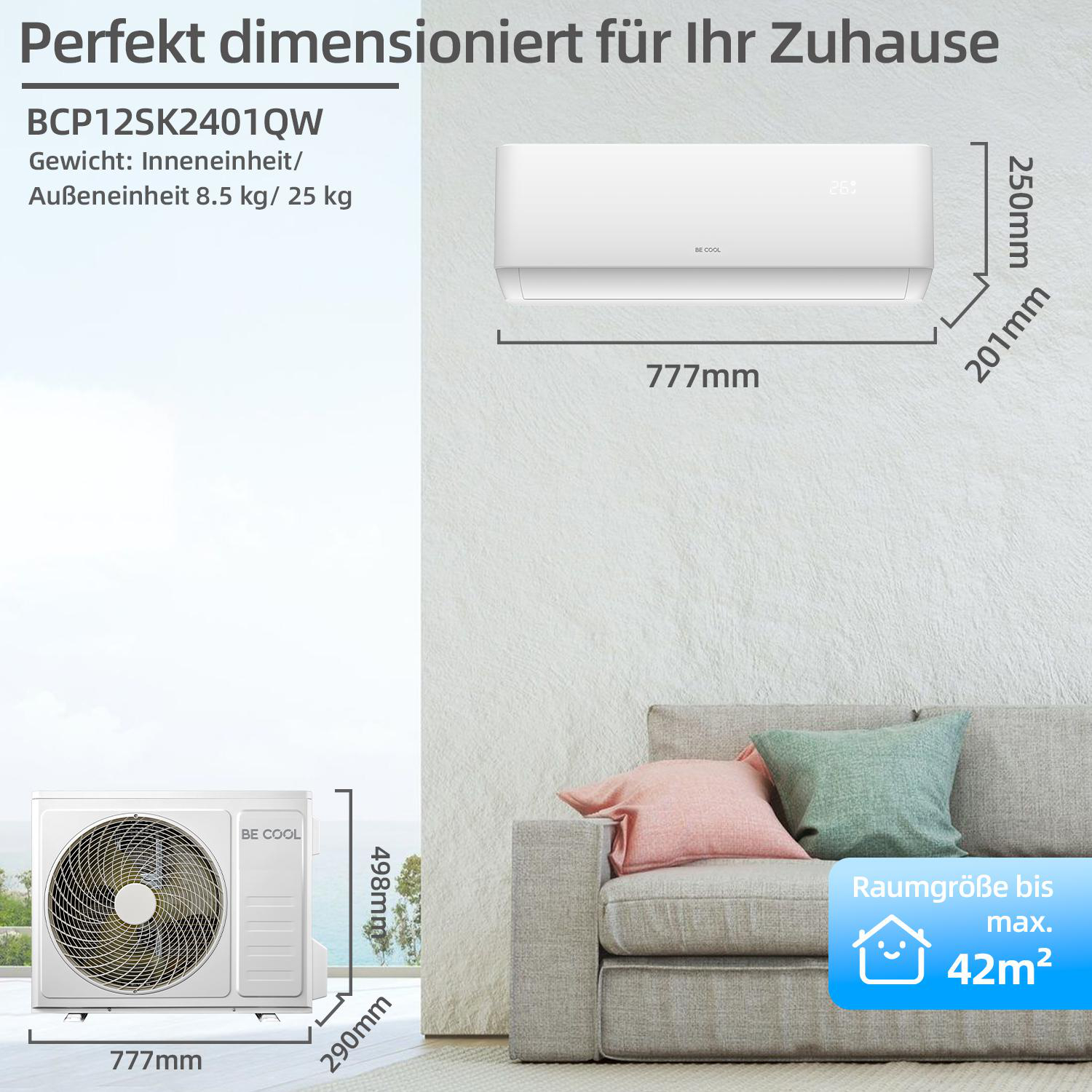 Weißes Klimagerät an einer Wand, mit Maßen, neben einem Sofa und Text.