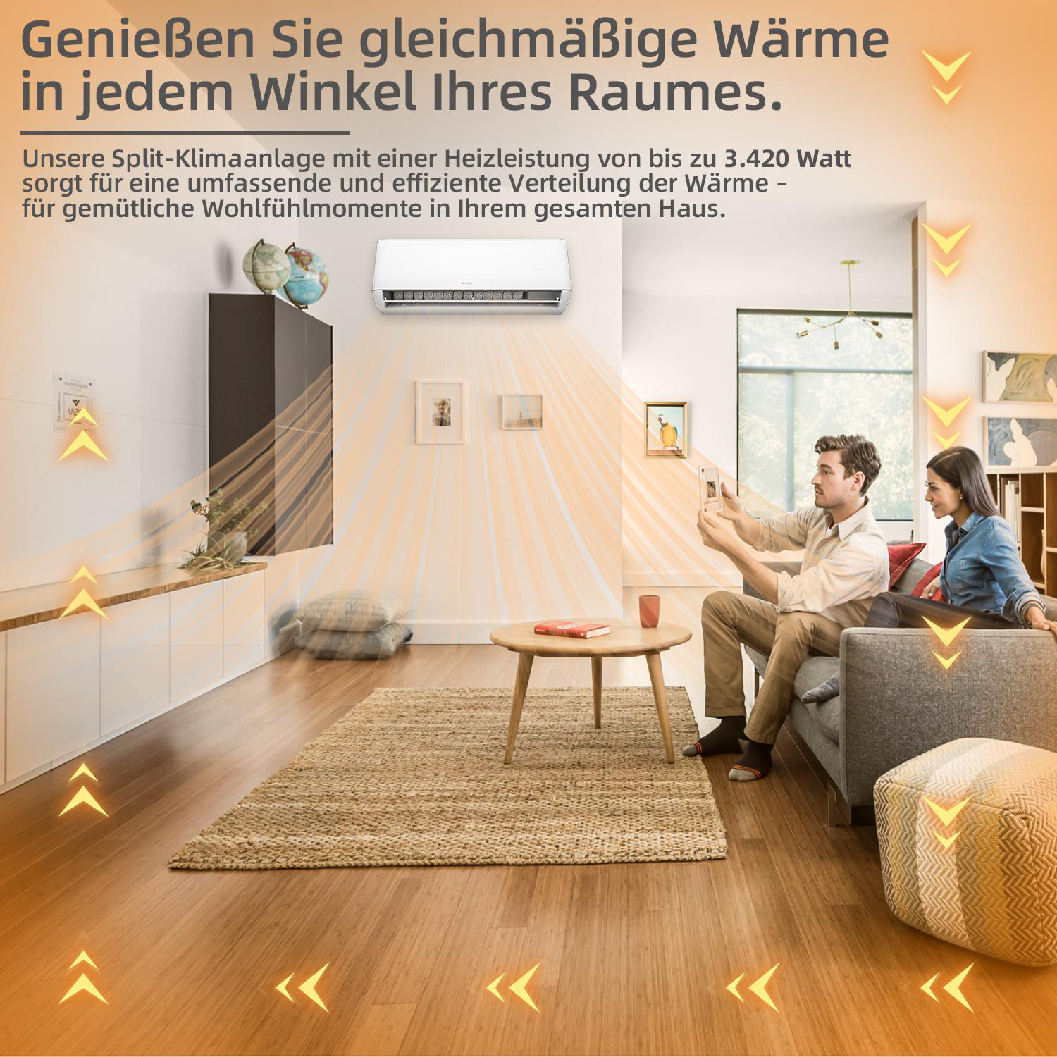 Ein Paar auf einem Sofa in einem Raum, das Handys benutzt, mit Klimaanlage darüber.