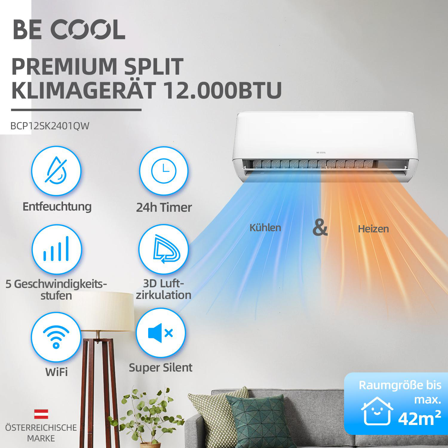 Klimaanlage mit Textbeschriftungen. Sie zeigt Kühlen, Heizen und andere Funktionen. Raumgröße ist 42 m².