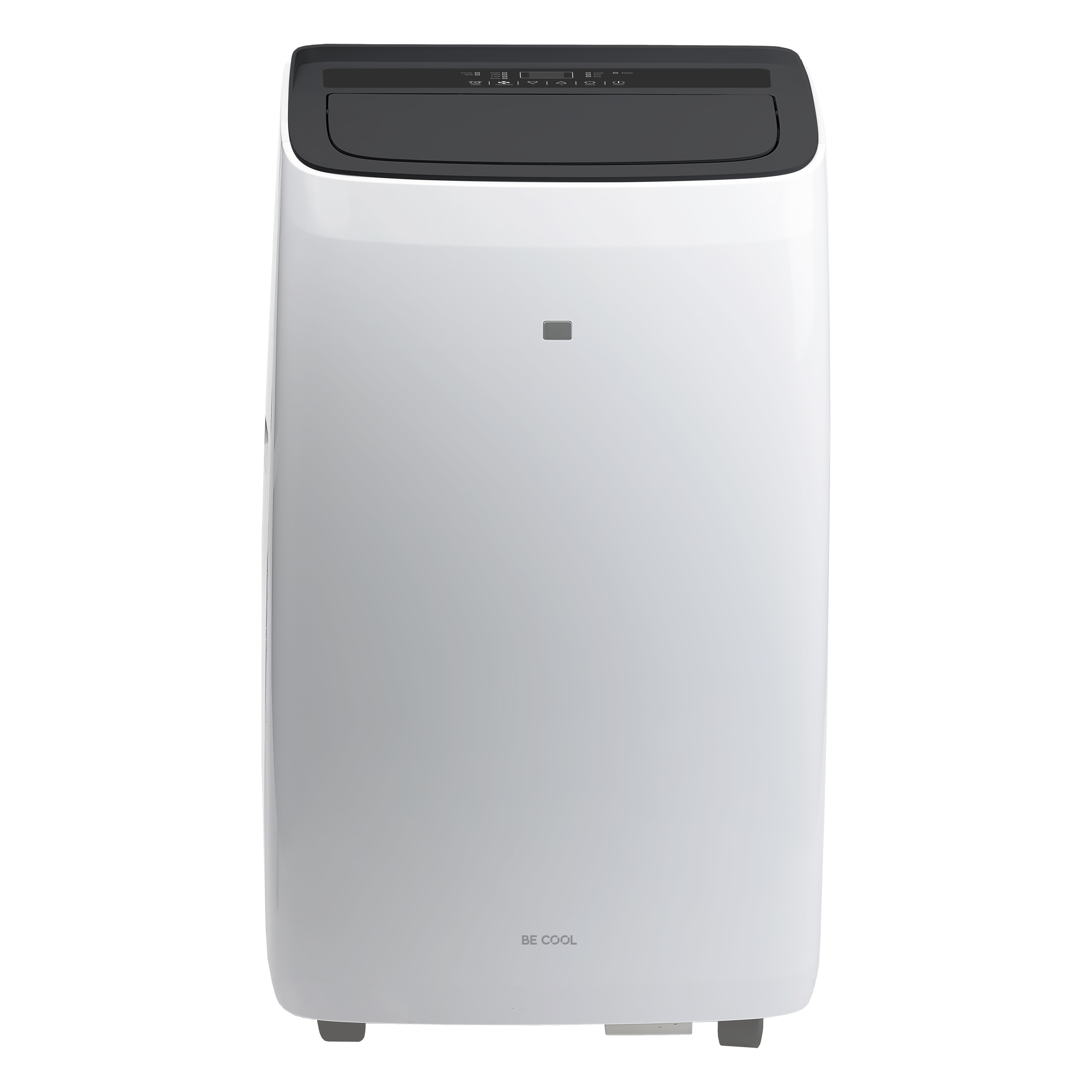 Weißes Klimagerät mit schwarzem Oberteil, unten steht 'BE COOL'.