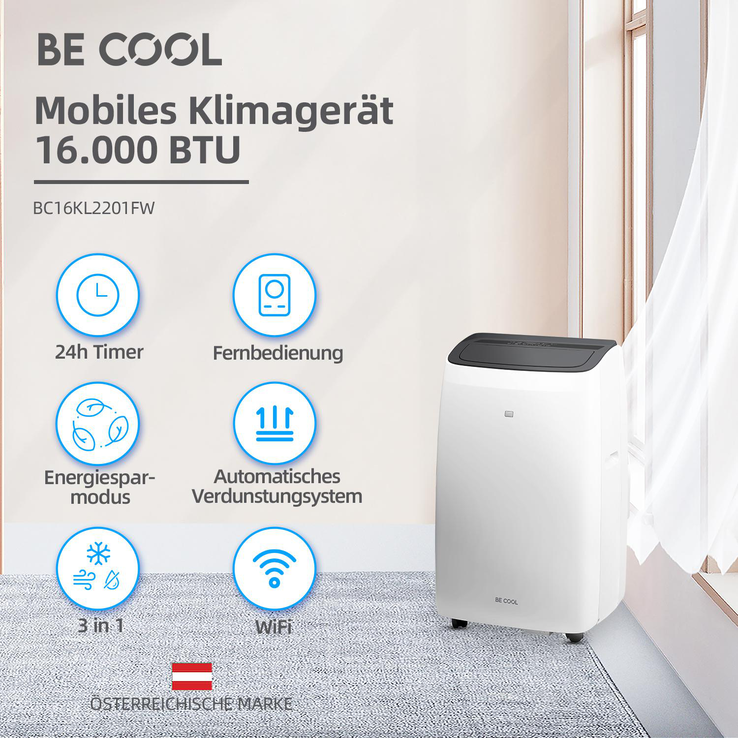 BE COOL BC16KL2201FW Klimagerät (Max. Raumgröße: 58 m², EEK: A, 16000 BTU/h, Weiß)