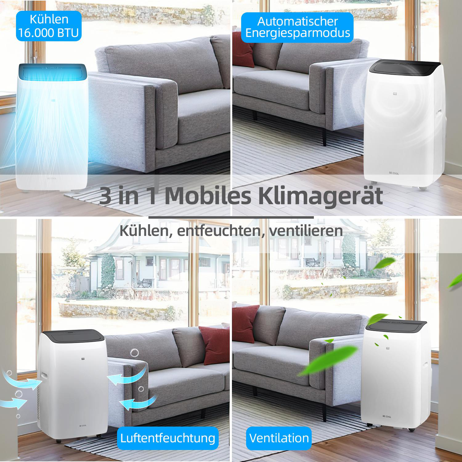 BE COOL BC16KL2201FW Klimagerät (Max. Raumgröße: 58 m², EEK: A, 16000 BTU/h, Weiß)