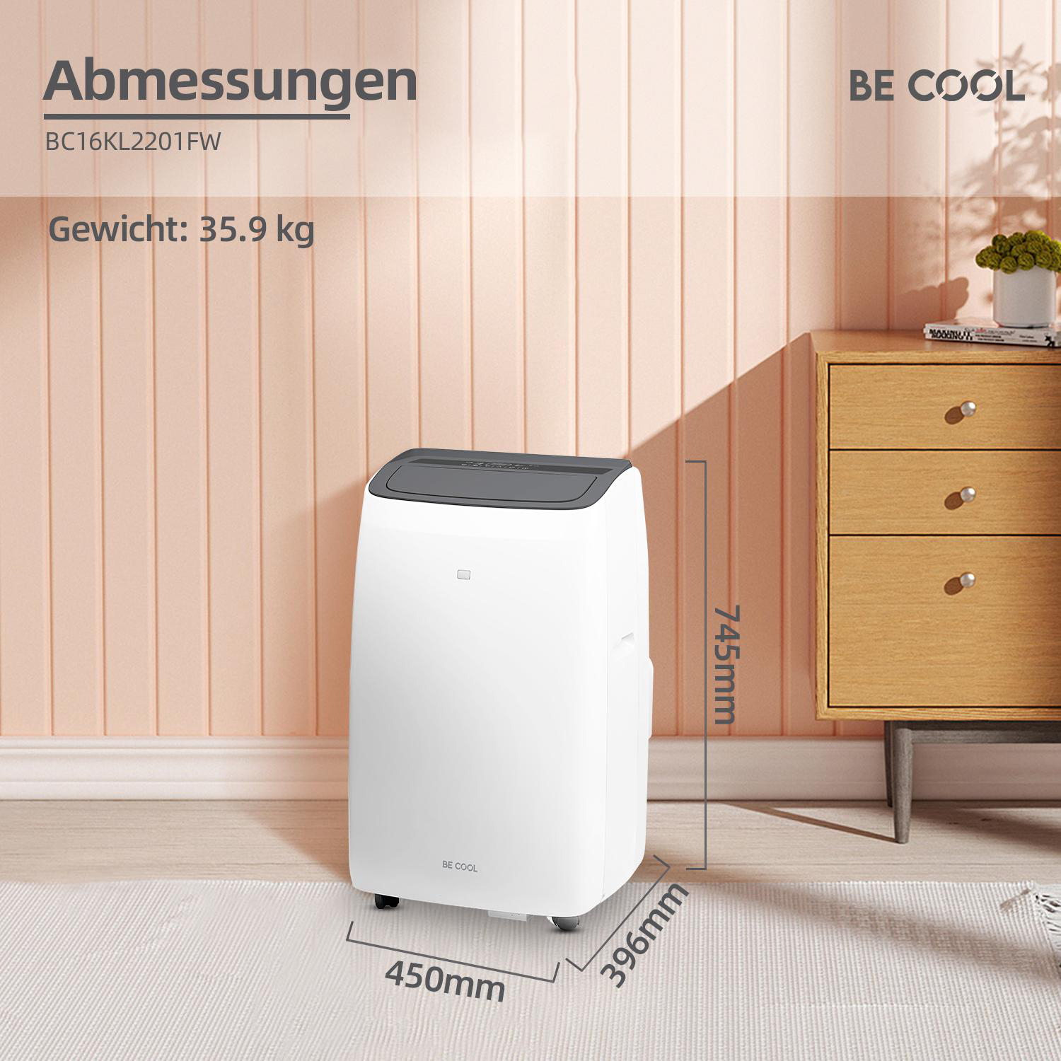 BE COOL BC16KL2201FW Klimagerät (Max. Raumgröße: 58 m², EEK: A, 16000 BTU/h, Weiß)