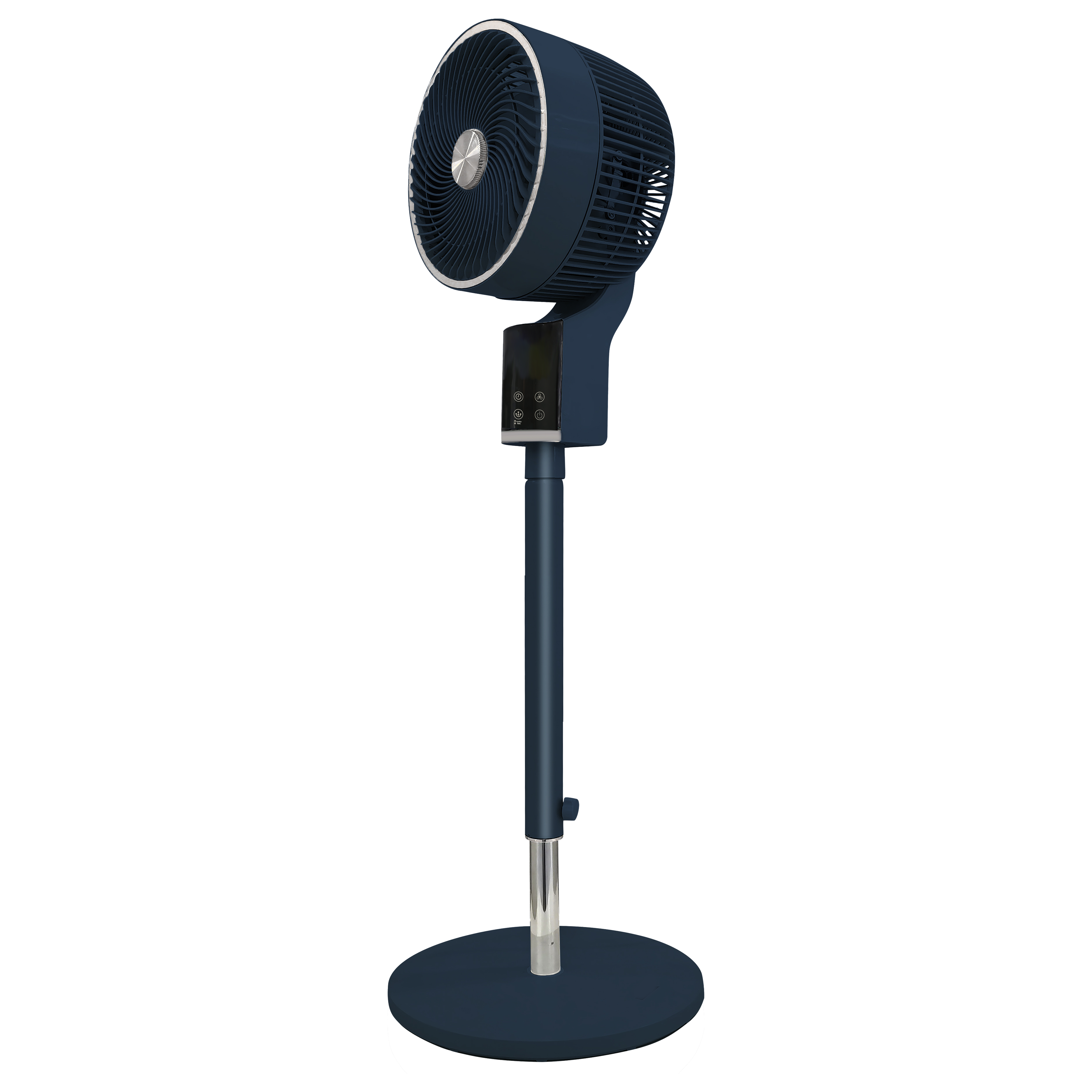 Dunkelblauer Standventilator mit rundem Fuß und Metallstange. Der Ventilator ist nach links gerichtet.