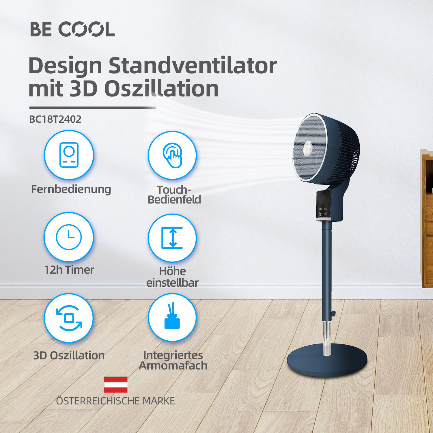 Ein Design-Ventilator mit Display, der Symbole und den Text: BE COOL zeigt.