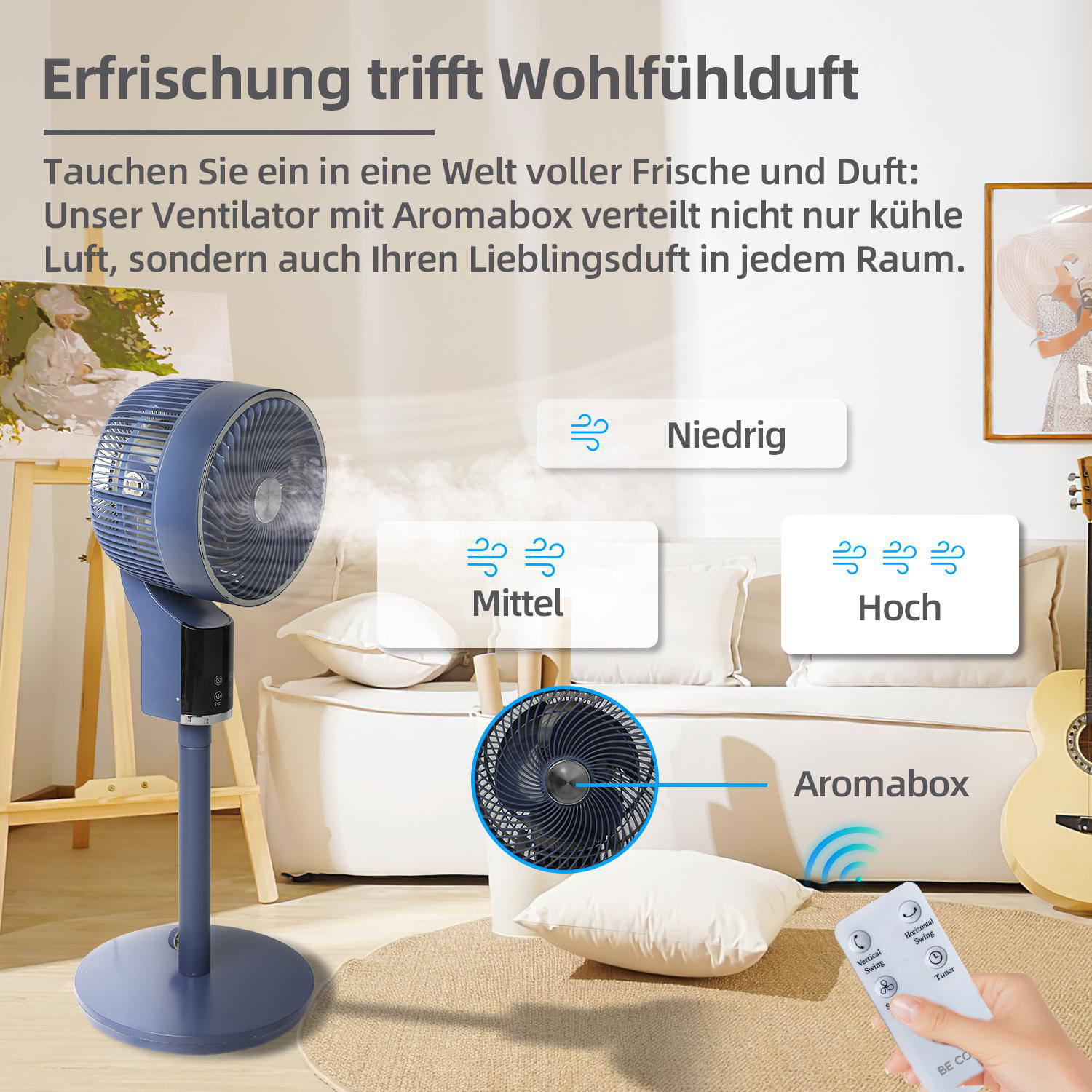 Blauer Ventilator mit drei Luftstromeinstellungen, weißem Text und Fernbedienung.