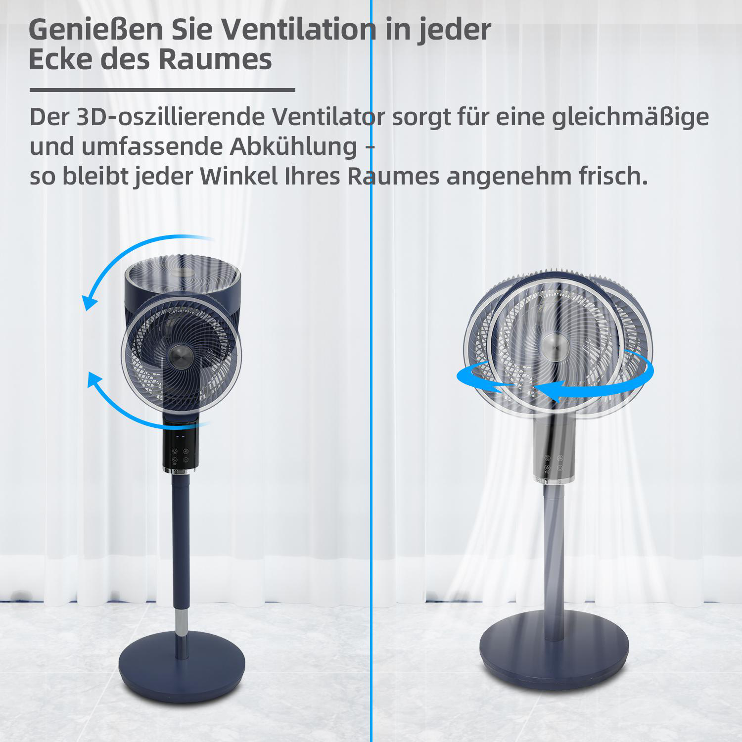 Zwei Standventilatoren in einem Raum. Einer links, einer rechts, beide eingeschaltet.