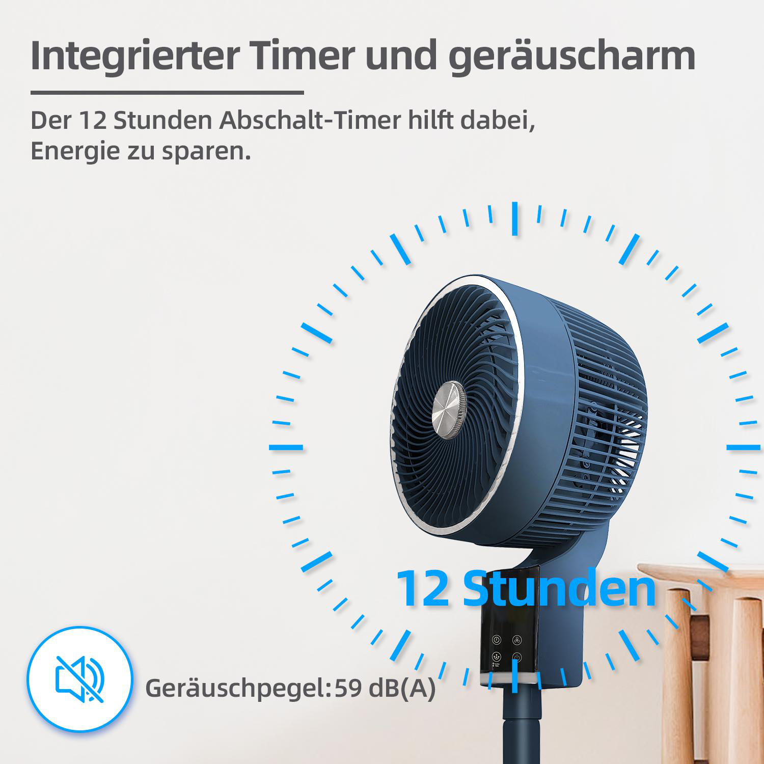 Blauer Ventilator mit Timer und geringem Geräuschpegel, Text auf Deutsch.