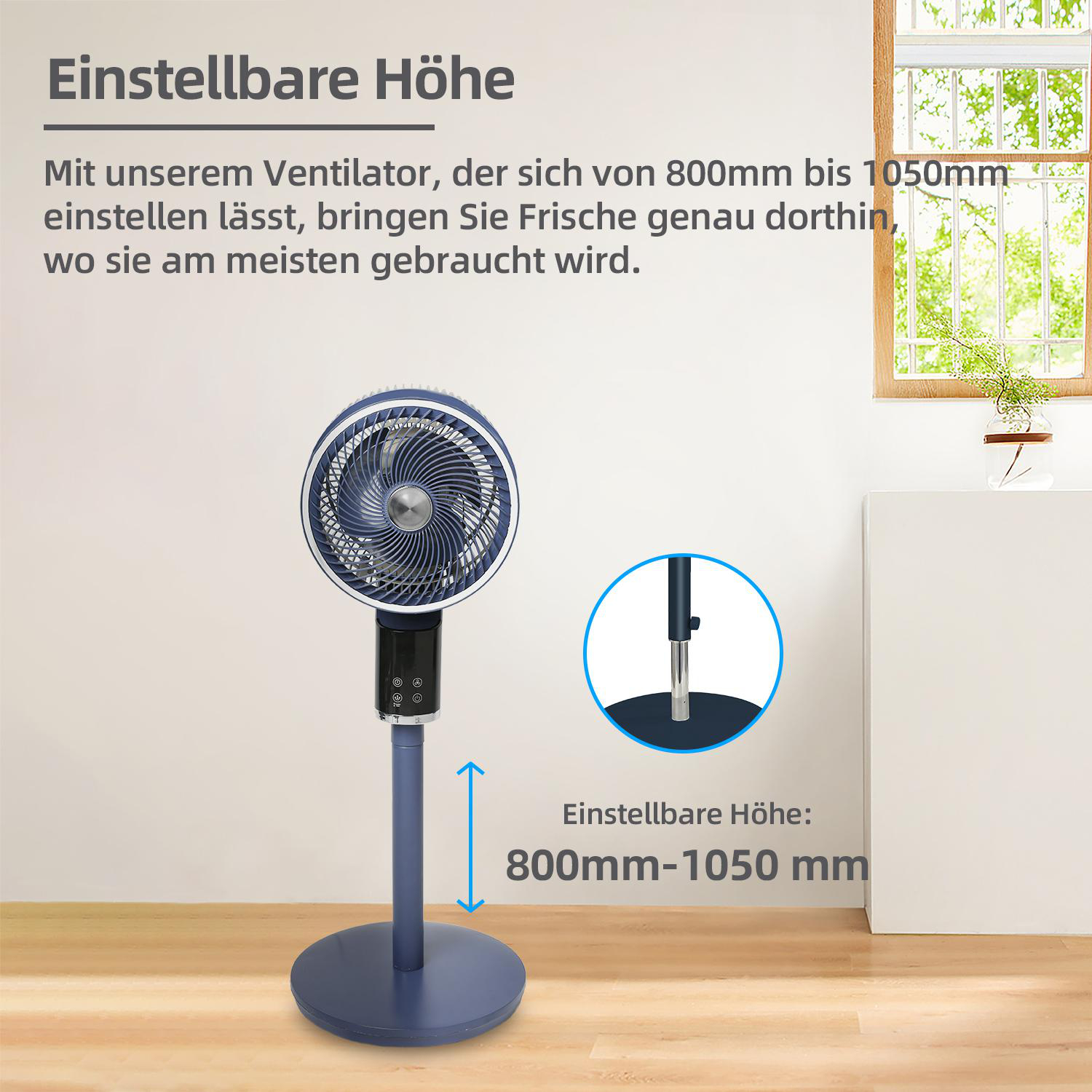 Blau-silberner Ventilator. Die Höhe ist von 800 mm bis 1050 mm einstellbar. Text auf dem Bild beschreibt den Ventilator.