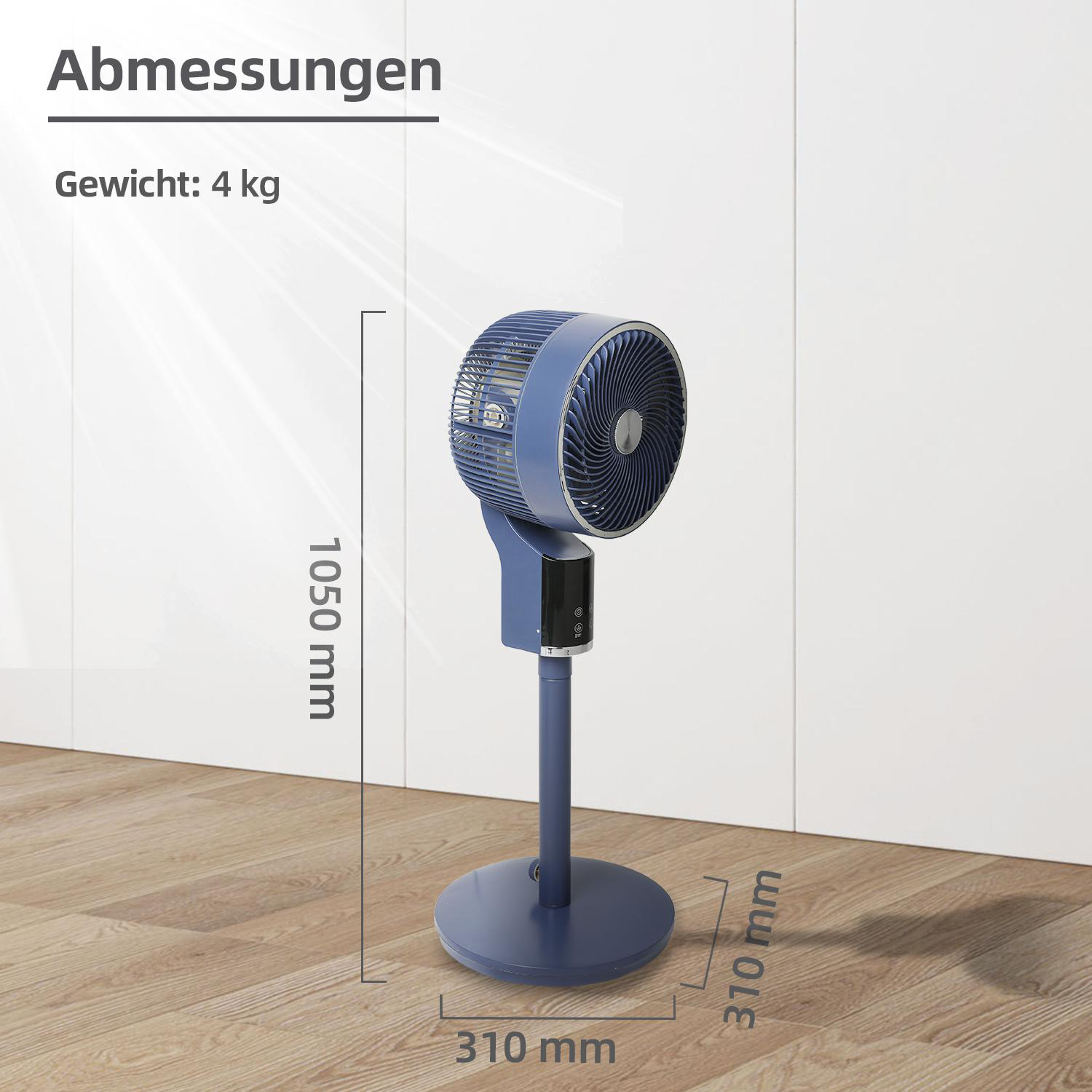 Blauer Standventilator, Abmessungen gezeigt. Er hat einen blauen Ständer und einen weißen Boden.