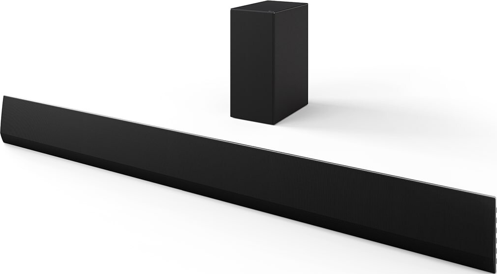 Barre de son et caisson de basses noirs sur fond blanc. Ils sont de forme rectangulaire.