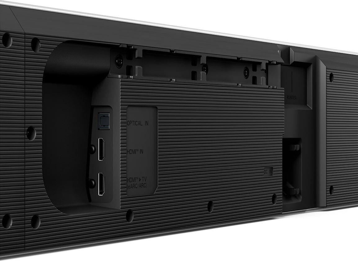 Panneau arrière d'une barre de son avec plusieurs ports d'entrée. Comprend HDMI, optique et alimentation.
