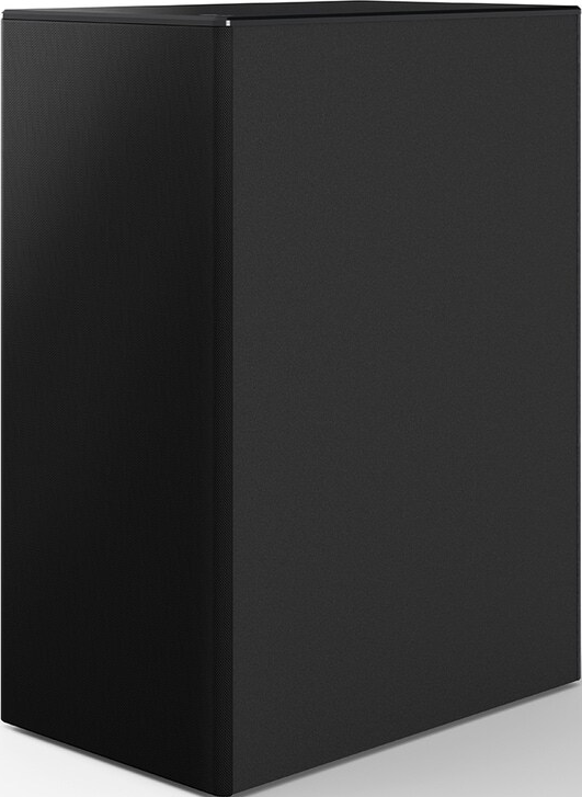 Un haut-parleur rectangulaire noir, avec le panneau avant recouvert d'un maillage.