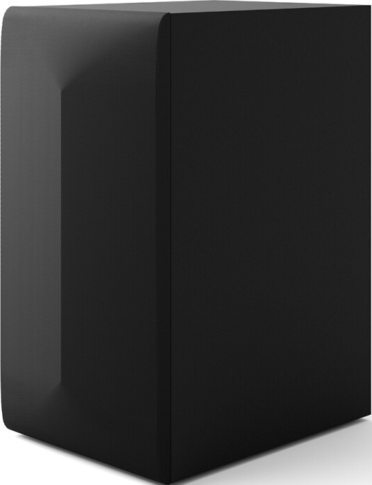 Haut-parleur rectangulaire noir. Le haut-parleur est lisse et solide, avec une surface avant légèrement inclinée.