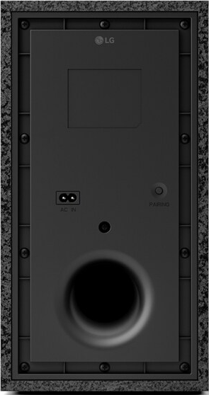Arrière du haut-parleur noir avec connexions. Entrée CA, bouton d'appairage et logo LG en haut.