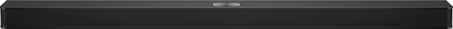 Soundbar nera con un pulsante argentato sopra.