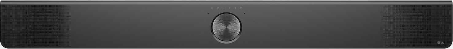 Una soundbar nera con controllo centrale e griglie per altoparlanti a entrambe le estremità. È un prodotto orizzontale.