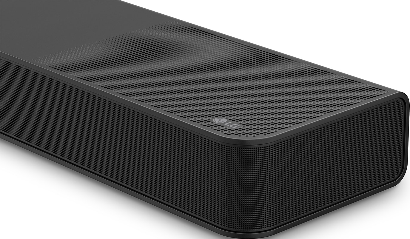 Un primo piano di una soundbar LG nera.