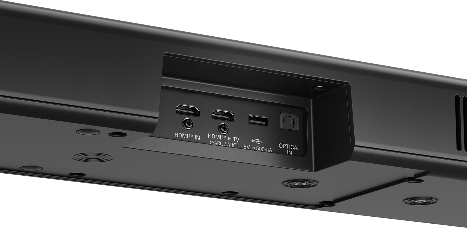 Primo piano del retro di una soundbar con porte di connessione. Porte HDMI e ottiche.