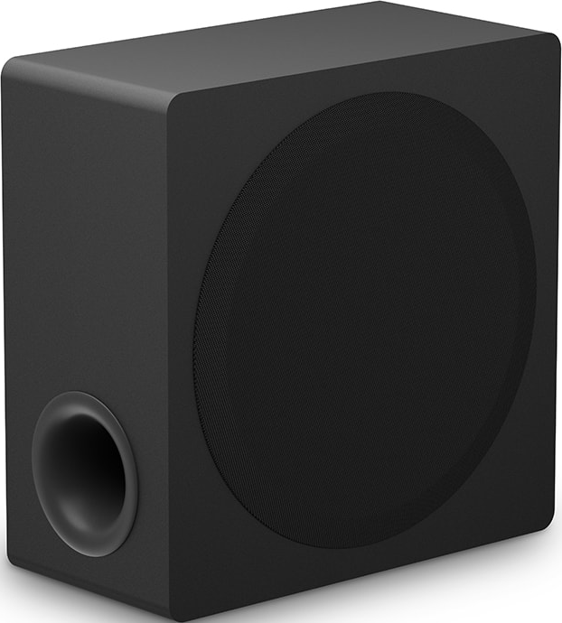 Un subwoofer nero. Ha un altoparlante rotondo grande e una porta sul lato.