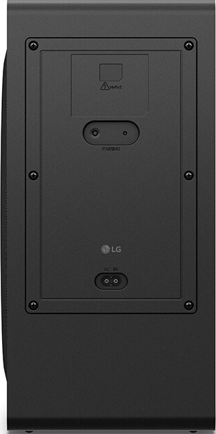 Retro altoparlante nero con porte e viti. Logo LG in basso.