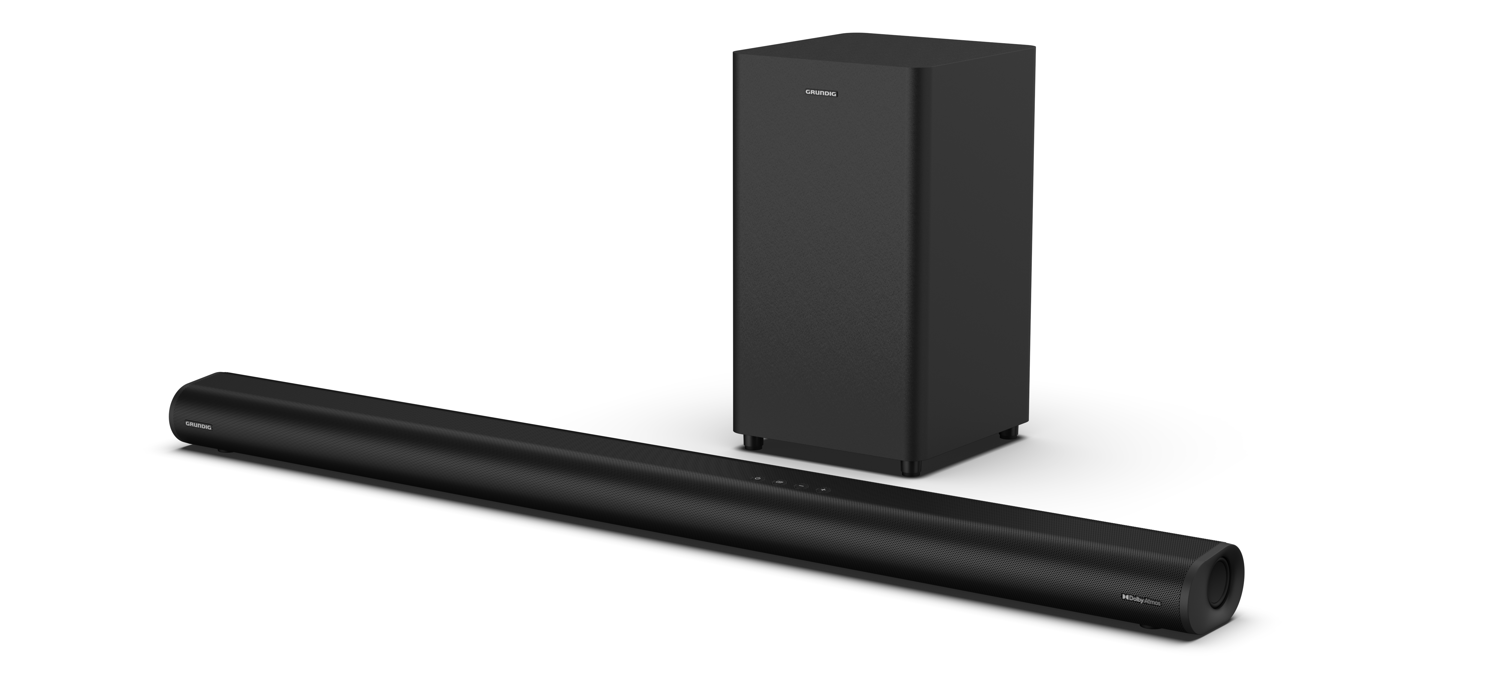 Siyah bir soundbar ve subwoofer seti. Soundbar uzun, subwoofer ise siyah bir küp.