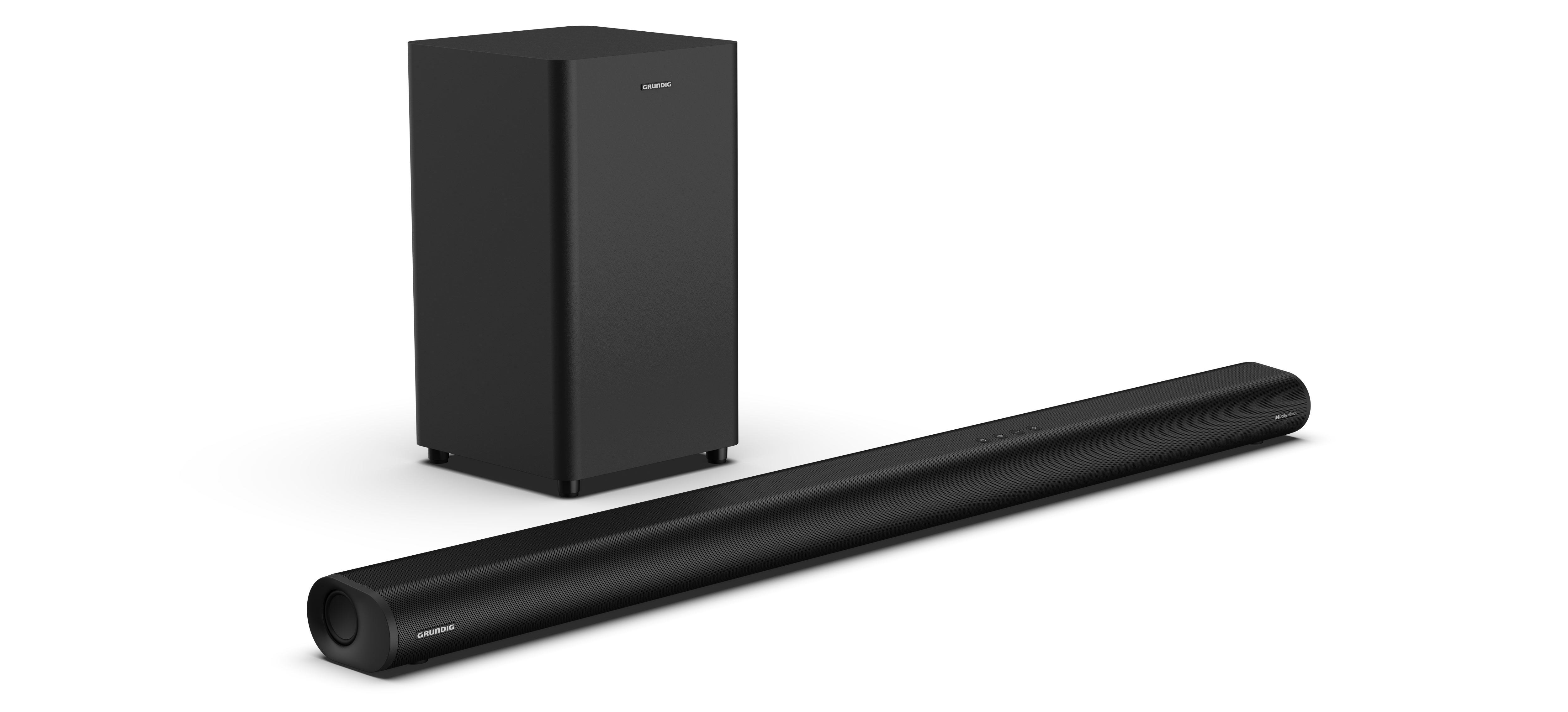 Siyah soundbar, subwoofer ve beyaz zemin üzerinde subwoofer standı.