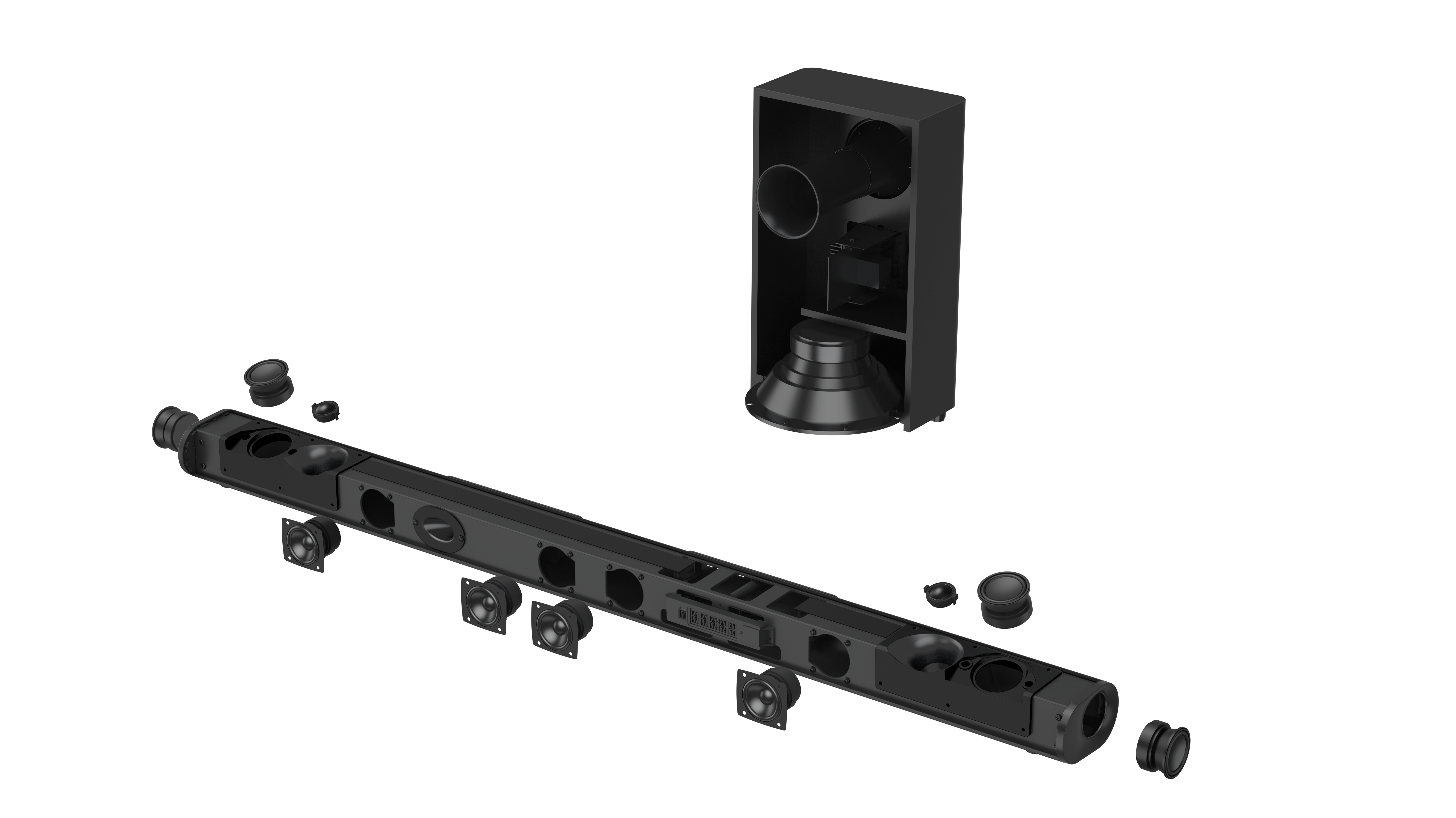 İç bileşenleri ve hoparlörleri gösteren siyah bir soundbar'ın patlatılmış görünümü.