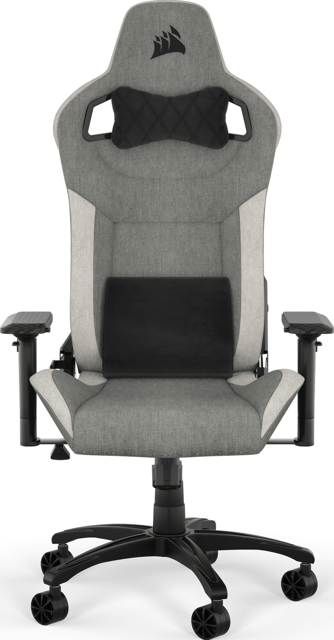 Ein grau-schwarzer Gaming-Stuhl mit Kopfstütze und Lendenwirbelstütze vor dunklem Hintergrund.